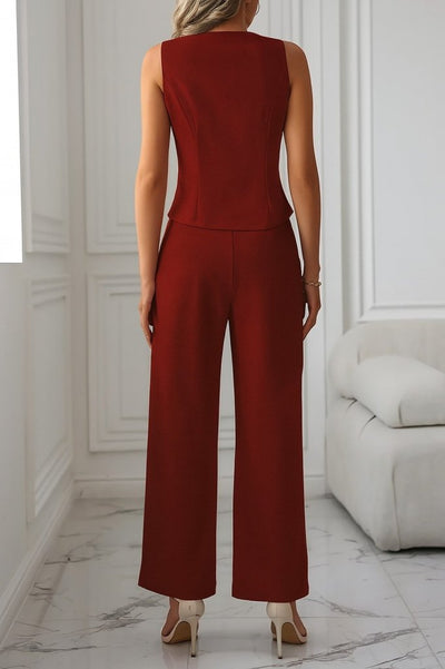Women's Sleeveless Crossover V-Neck Button-Front Satin Vest and Pants Two-Piece Set, 34110