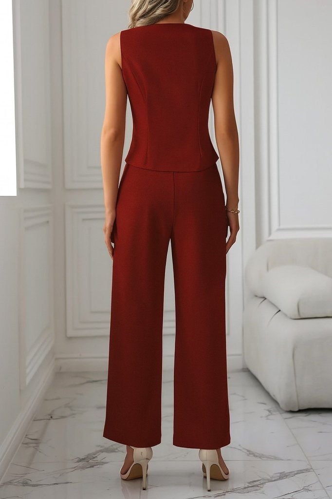 Women's Sleeveless Crossover V-Neck Button-Front Satin Vest and Pants Two-Piece Set, 34110