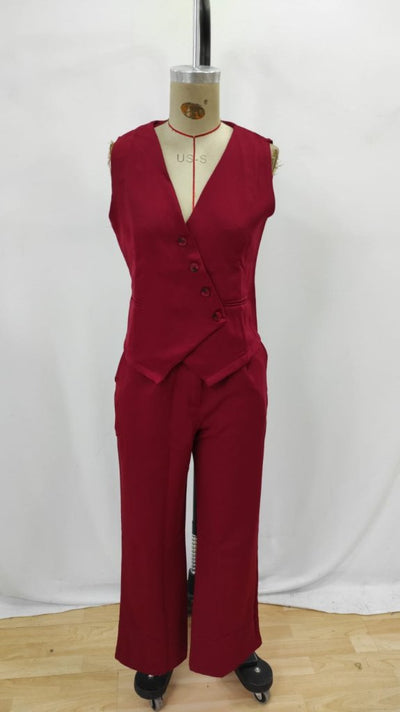 Women's Sleeveless Crossover V-Neck Button-Front Satin Vest and Pants Two-Piece Set, 34110