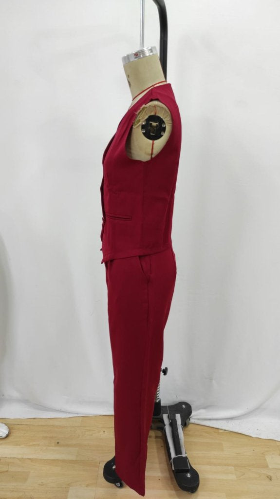 Women's Sleeveless Crossover V-Neck Button-Front Satin Vest and Pants Two-Piece Set, 34110