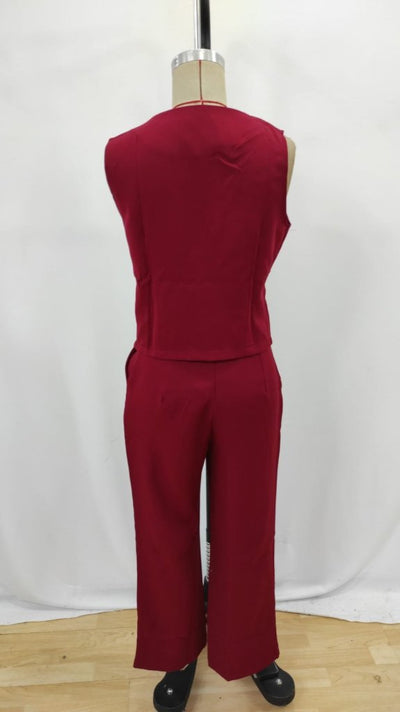 Women's Sleeveless Crossover V-Neck Button-Front Satin Vest and Pants Two-Piece Set, 34110