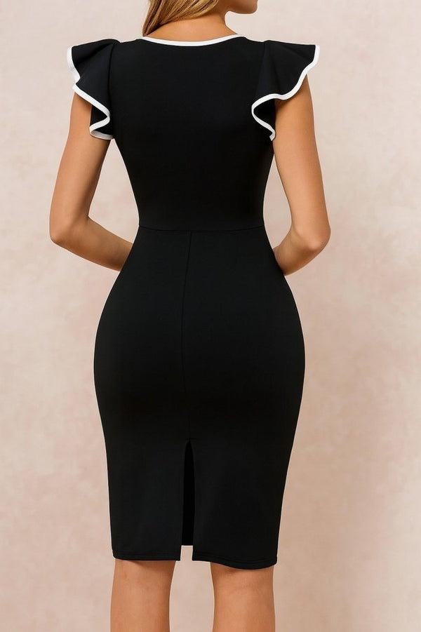 Rochie de damă din crep importat, cu mânecă scurtă și guler rotund, 27388