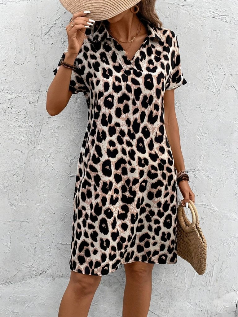 Women's Short Sleeve Collared Leopard Print Supreme Dress, 26233