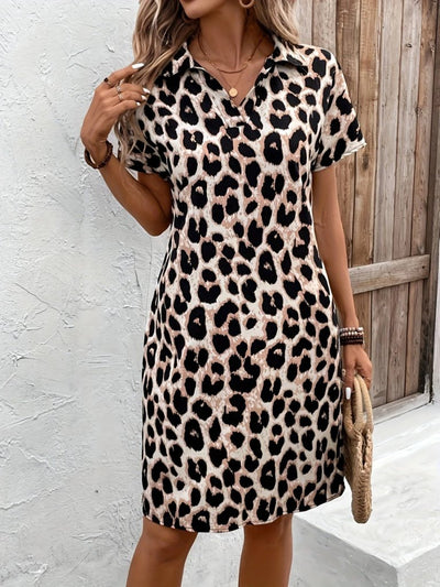 Women's Short Sleeve Collared Leopard Print Supreme Dress, 26233