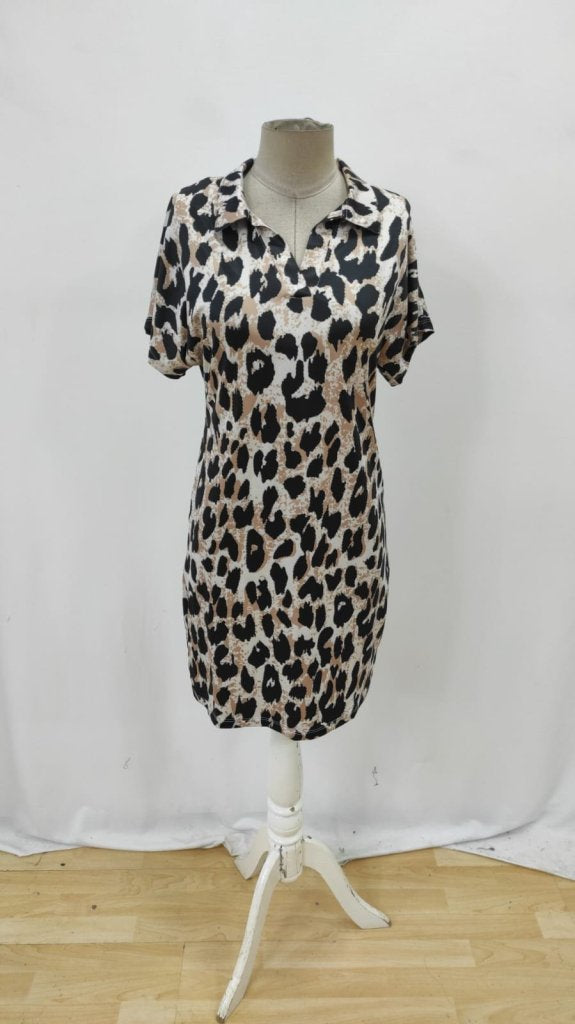 Women's Short Sleeve Collared Leopard Print Supreme Dress, 26233