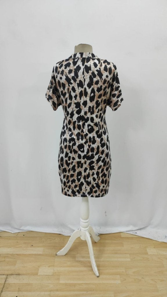 Women's Short Sleeve Collared Leopard Print Supreme Dress, 26233