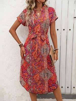 Rochie de damă cu mânecă scurtă, decolteu în V, guler mandarin, cu curea, din in cu model, 26527