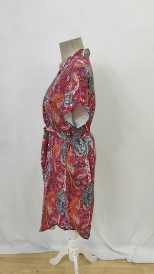 Rochie de damă cu mânecă scurtă, decolteu în V, guler mandarin, cu curea, din in cu model, 26527