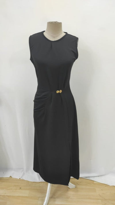 Rochie de damă cu guler rotund, fără mâneci, talie încrețită, detaliu cu crăpături, din crep strălucitor, 34833
