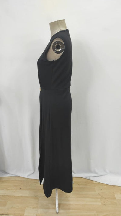 Rochie de damă cu guler rotund, fără mâneci, talie încrețită, detaliu cu crăpături, din crep strălucitor, 34833