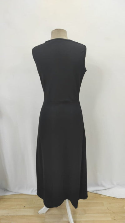 Rochie de damă cu guler rotund, fără mâneci, talie încrețită, detaliu cu crăpături, din crep strălucitor, 34833