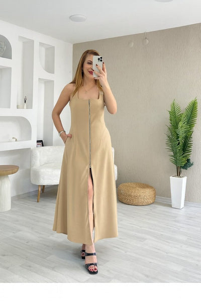 Rochie pentru femei, din crep irizat, cu croială largă, guler pătrat cu bretele, cu fermoar frontal, 34063
