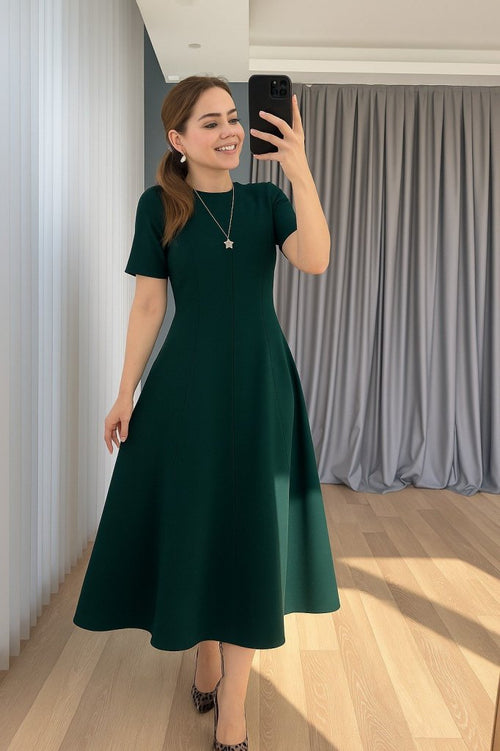 Kadın Kısa Kollu Bisiklet Yaka Maksi Boy Ithal Krep Elbise , 31244