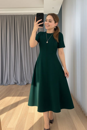 Kadın Kısa Kollu Bisiklet Yaka Maksi Boy Ithal Krep Elbise , 31244