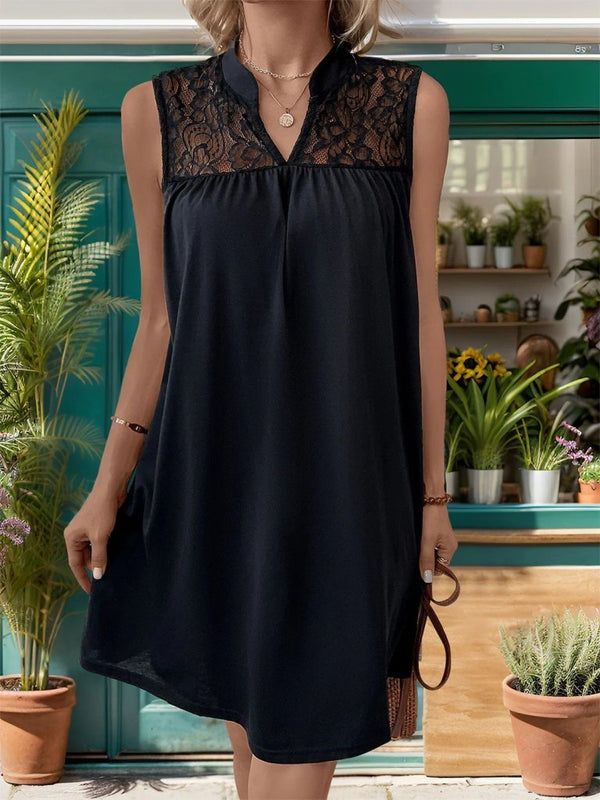 Rochie de damă fără mâneci, cu decolteu în V, cu guler mandarin, din crep, cu dantelă, 26329