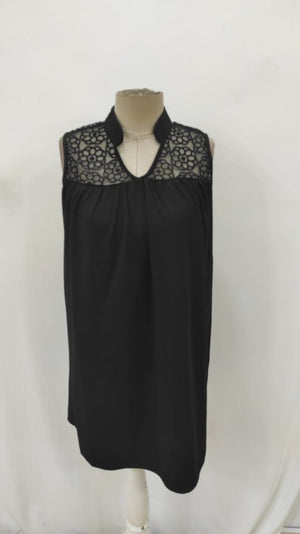 Rochie de damă fără mâneci, cu decolteu în V, cu guler mandarin, din crep, cu dantelă, 26329