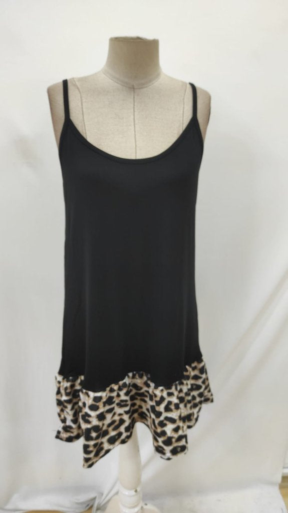 Rochie de damă cu bretele, guler rotund și detaliu leopard, 26348