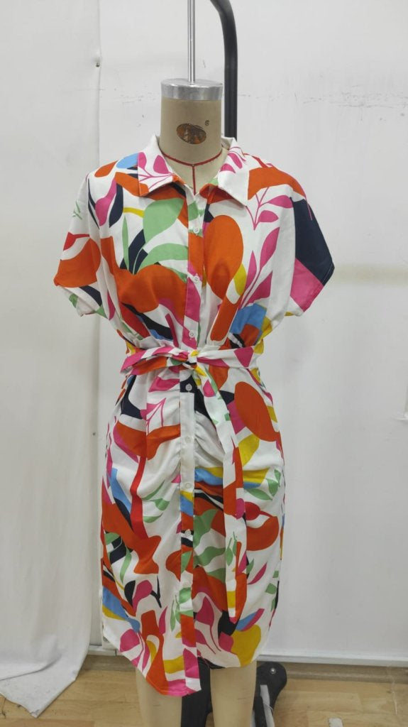 Rochie Supreme pentru femei, cu mânecă scurtă, guler, nasturi în față, drapată, model, 26396
