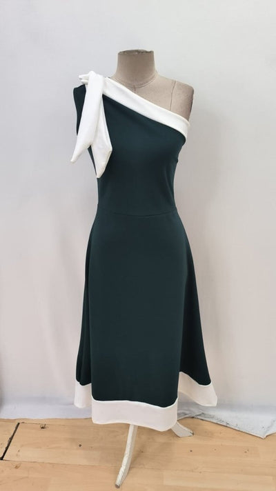Rochie de damă cu un singur umăr și detaliu cu panglică, rochie din crep importat în două tonuri, 34438