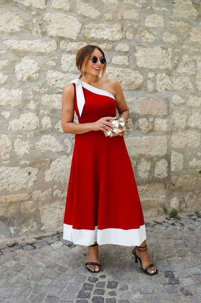 Rochie de damă cu un singur umăr și detaliu cu panglică, rochie din crep importat în două tonuri, 34439