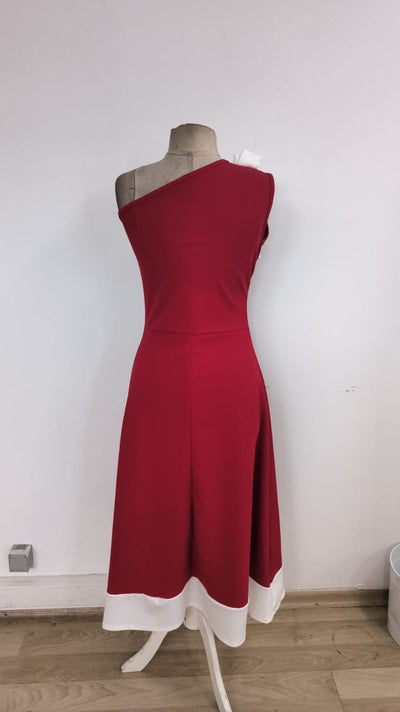 Rochie de damă cu un singur umăr și detaliu cu panglică, rochie din crep importat în două tonuri, 34439