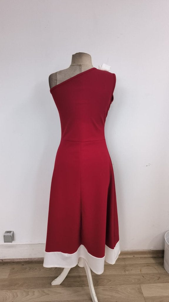 Rochie de damă cu un singur umăr și detaliu cu panglică, rochie din crep importat în două tonuri, 34439