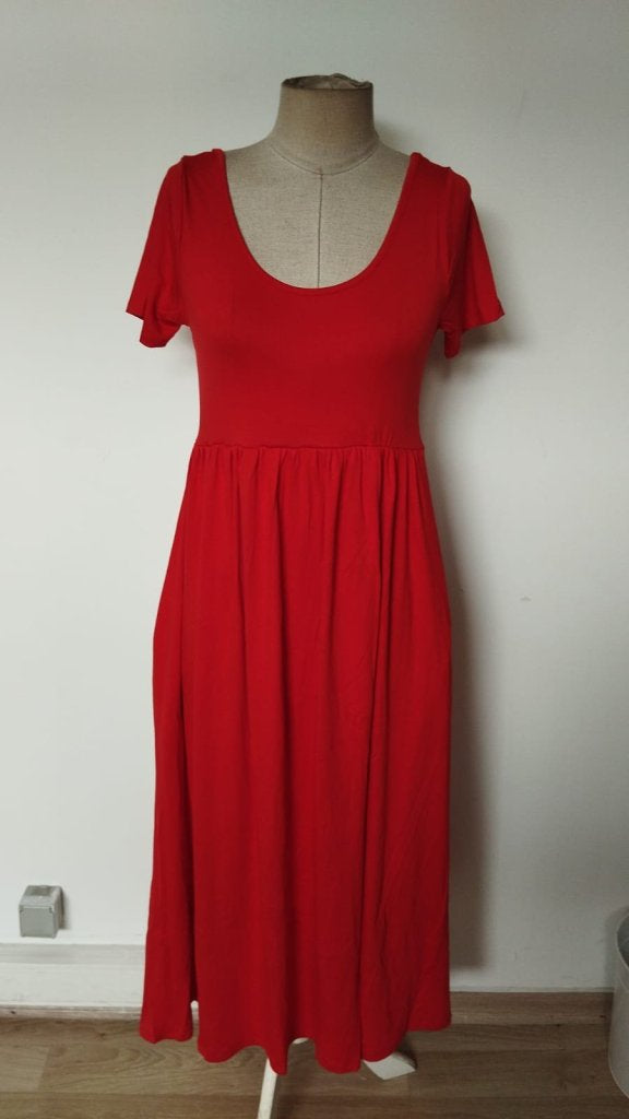 Rochie lungă de damă, cu mânecă scurtă, guler rotund, despicată în față, cu buzunare, din viscoză, 34096