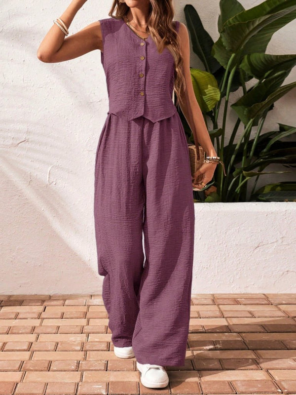 Set de vestă și pantaloni fără mâneci cu nasturi pentru femei, 27474