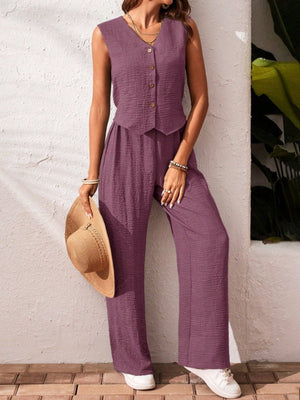 Set de vestă și pantaloni fără mâneci cu nasturi pentru femei, 27474