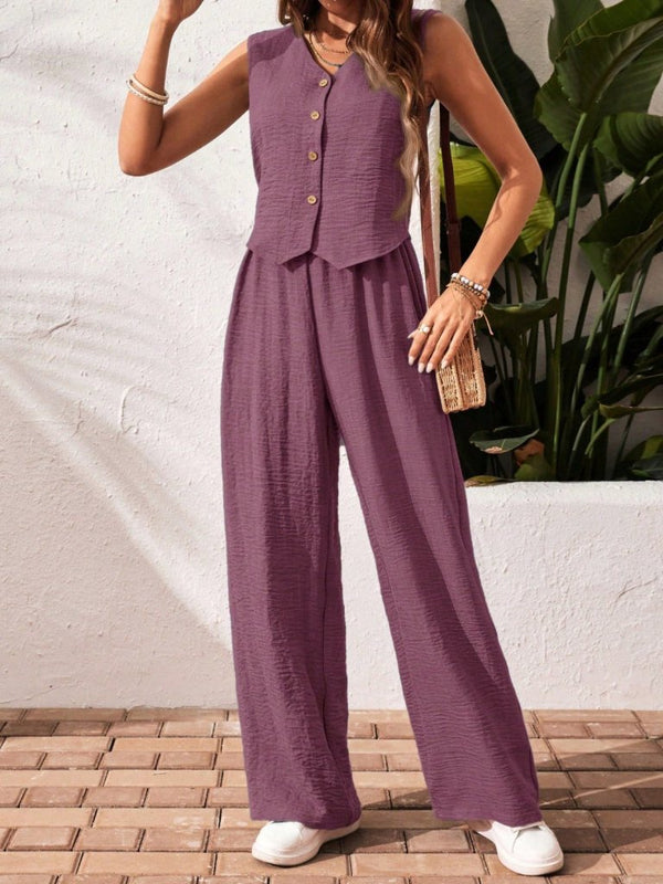 Set de vestă și pantaloni fără mâneci cu nasturi pentru femei, 27474