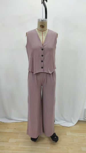 Set de vestă și pantaloni fără mâneci cu nasturi pentru femei, 27474