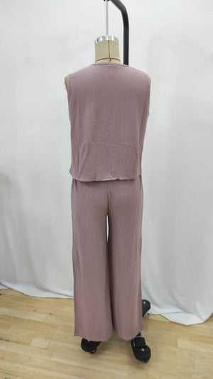 Set de vestă și pantaloni fără mâneci cu nasturi pentru femei, 27474