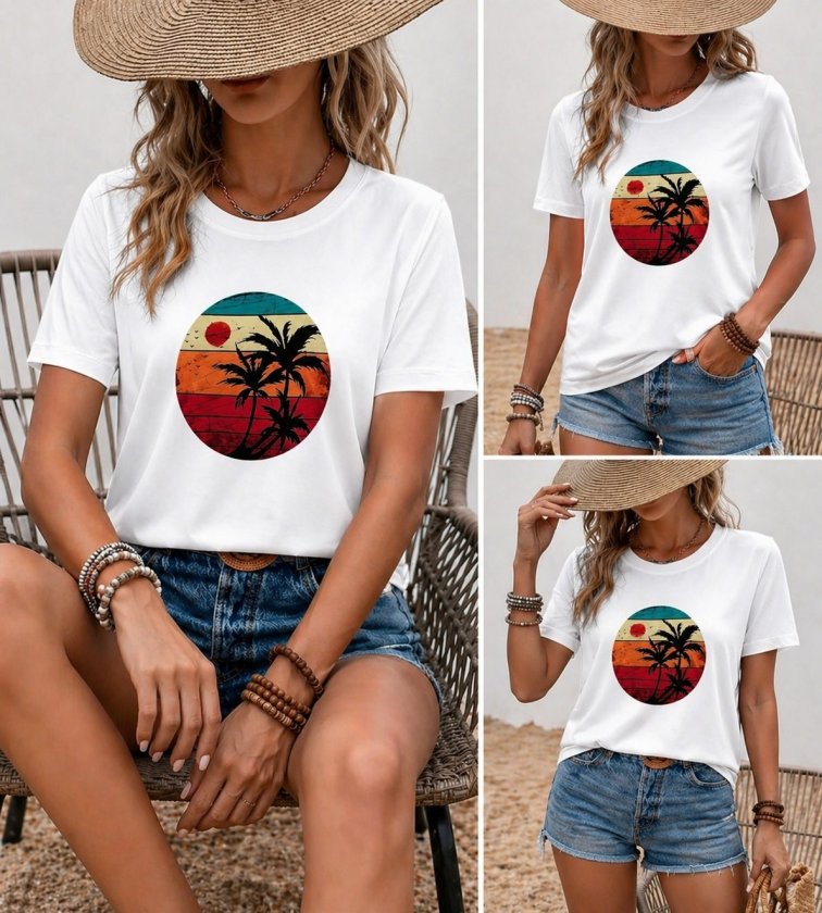 Kadın Kısa Kollu Palmiye Baskılı Viskon T-shirt, 34004