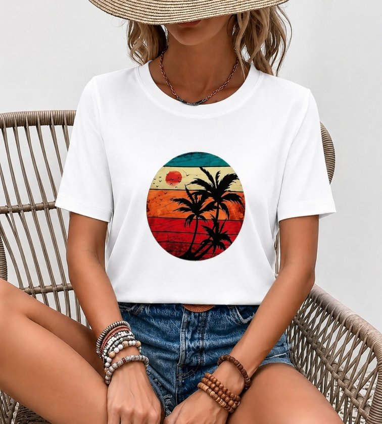 Kadın Kısa Kollu Palmiye Baskılı Viskon T-shirt, 34004