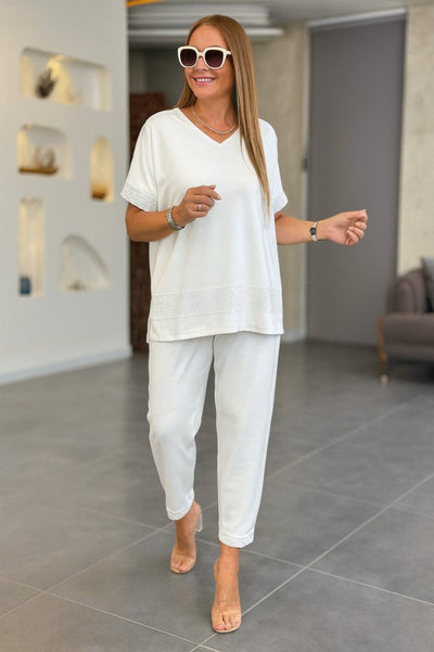 Women's Short Sleeve V-Neck Sequin Viscose Double Yarn Blouse and Pants Two-Piece Set, 34506