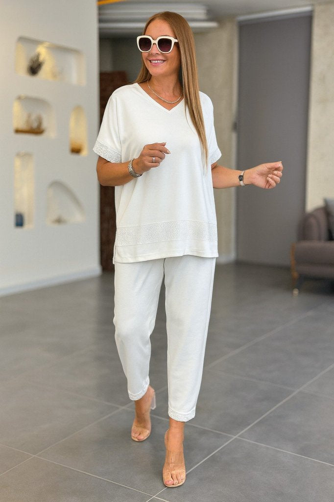 Women's Short Sleeve V-Neck Sequin Viscose Double Yarn Blouse and Pants Two-Piece Set, 34506