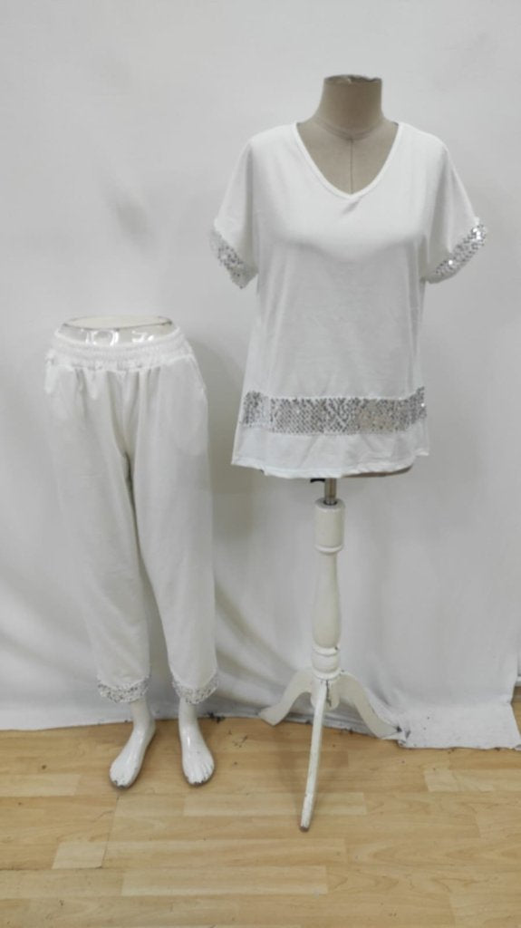 Women's Short Sleeve V-Neck Sequin Viscose Double Yarn Blouse and Pants Two-Piece Set, 34506