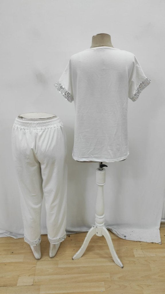 Women's Short Sleeve V-Neck Sequin Viscose Double Yarn Blouse and Pants Two-Piece Set, 34506