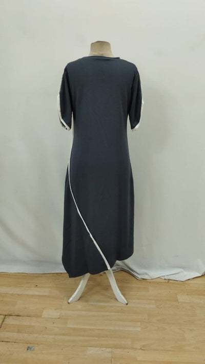 Rochie de damă din viscoză, cu două fire, mânecă scurtă, guler rotund, bandă dublă colorată, croială asimetrică, 26510