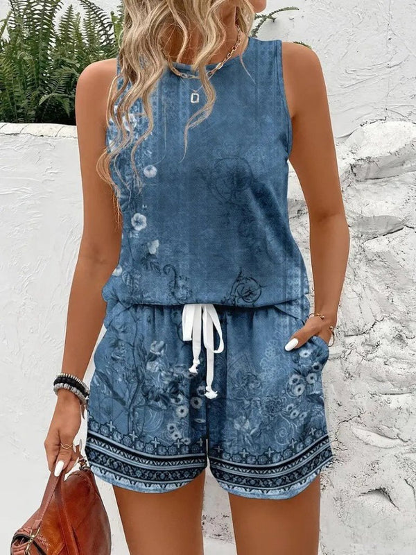 Set de două piese pentru femei, bluză și pantaloni scurți cu imprimeu floral, guler rotund și bretele, 26556