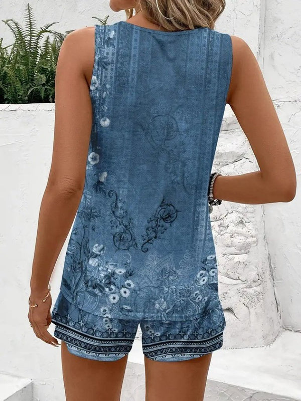 Set de două piese pentru femei, bluză și pantaloni scurți cu imprimeu floral, guler rotund și bretele, 26556