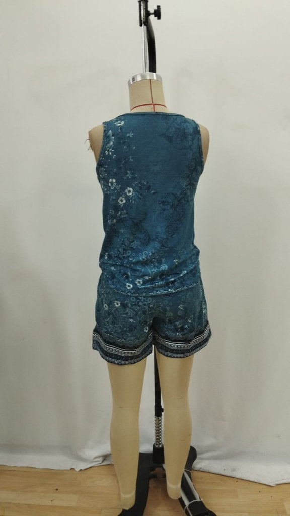 Set de două piese pentru femei, bluză și pantaloni scurți cu imprimeu floral, guler rotund și bretele, 26556