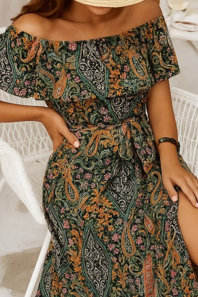 Rochie maxi Supreme pentru femei, cu mânecă scurtă, decolteu Madonna, cu volane și crăpătură în talie, 34686