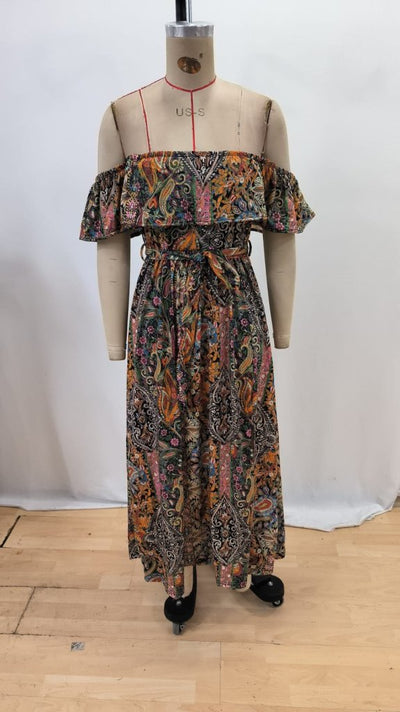 Rochie maxi Supreme pentru femei, cu mânecă scurtă, decolteu Madonna, cu volane și crăpătură în talie, 34686