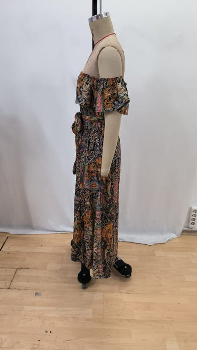 Rochie maxi Supreme pentru femei, cu mânecă scurtă, decolteu Madonna, cu volane și crăpătură în talie, 34686