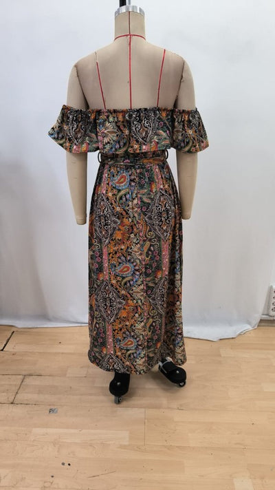Rochie maxi Supreme pentru femei, cu mânecă scurtă, decolteu Madonna, cu volane și crăpătură în talie, 34686