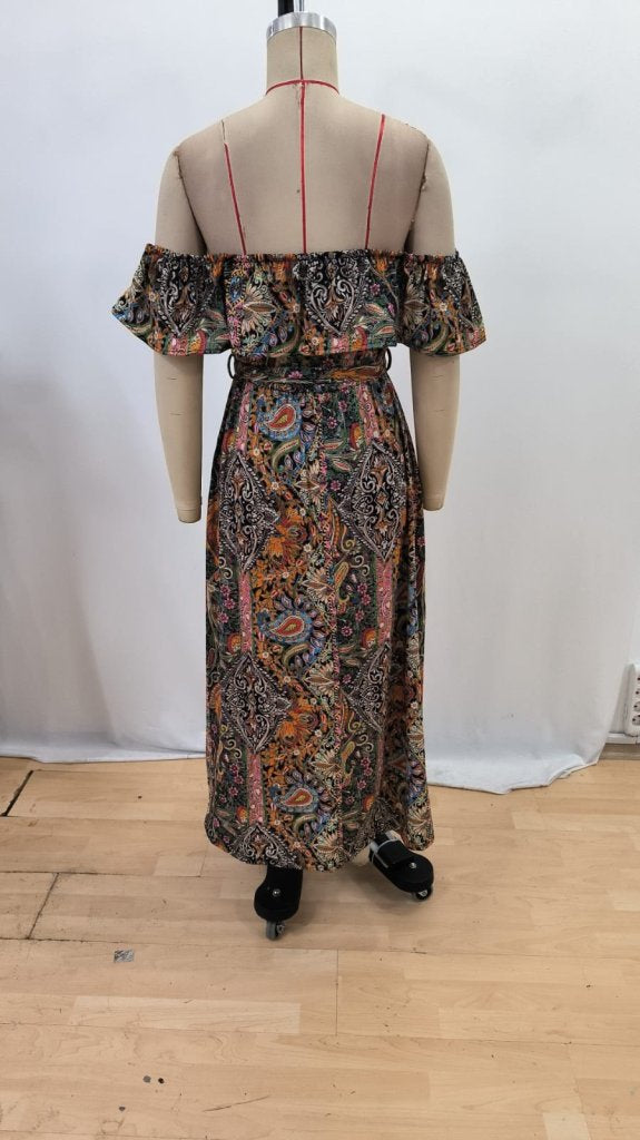 Rochie maxi Supreme pentru femei, cu mânecă scurtă, decolteu Madonna, cu volane și crăpătură în talie, 34686