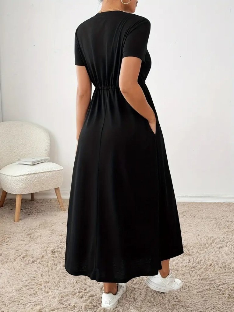Women's Short Sleeve Crew Neck Tie-Waist Maxi Viscose Dress, 26679