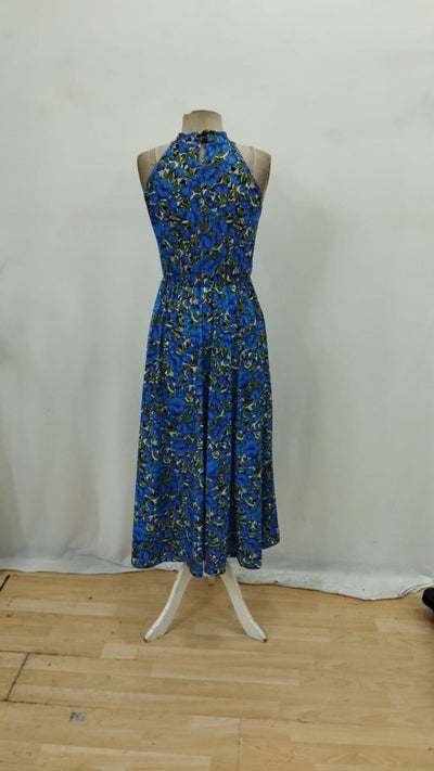 Kadın Omuz Dekolteli Halter Yaka Desenli Maxi Süprem Elbise, 35188