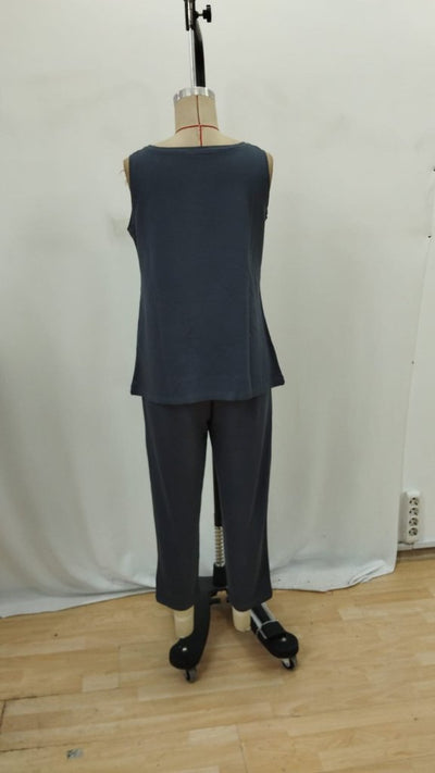 Set de două piese pentru femei, din viscoză, cu bluză cu bretele și guler rotund și pantaloni de trening, 35783